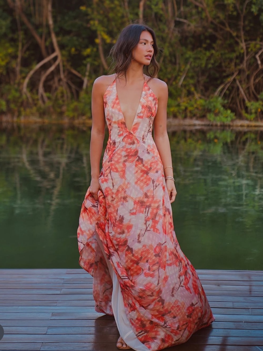 NWT Sau Lee Calista Maxi Long Chiffon Floral Dress Orange Plunge Size Women’s 4 - Picture 4 of 10